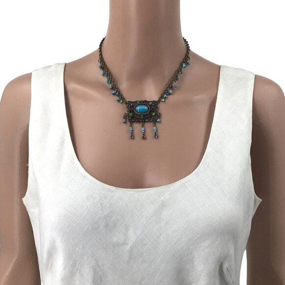 Y2K Necklace Antique Gold Tone Blue Dangle Beaded Adjustable Length - Picture 2 of 2